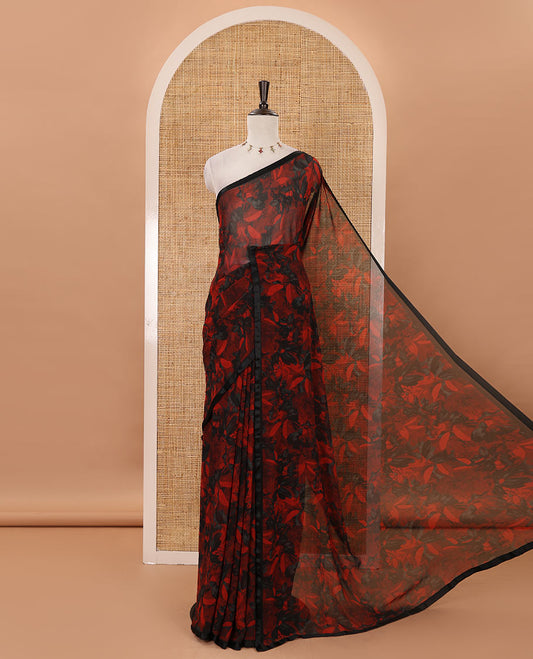 Black-red floral digital printed georgette saree, satin lace plain border & black plain blouse