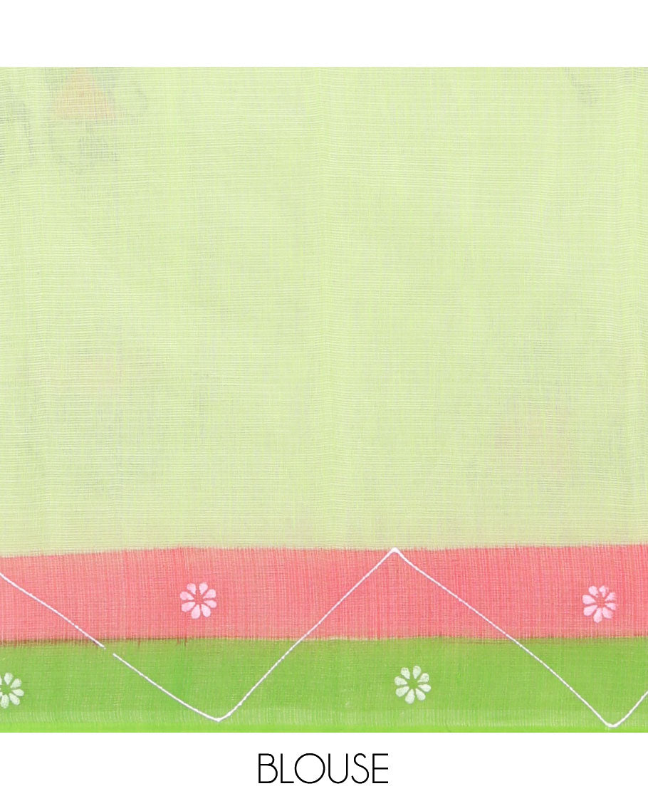 Parrot Green Kota Doria Saree with Artful Warli Print, a Contrast Border, Village Printed Pallu, and a Matching Blouse