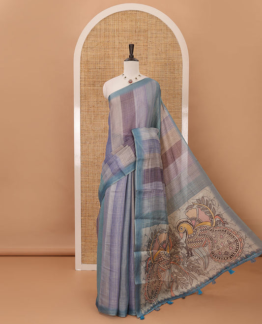 Grey rainbow-striped mercerised tissue saree, madhubani-style peacocks print pallu & kalamkari floral vine print pallu