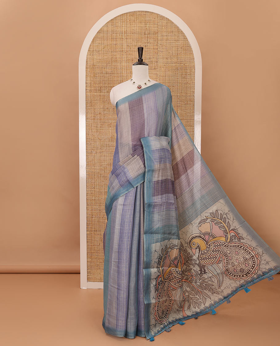 Grey rainbow-striped mercerised tissue saree, madhubani-style peacocks print pallu & kalamkari floral vine print pallu