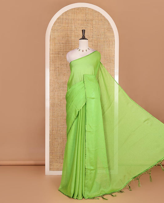 Borderless parrot green plain design viscose saree, flower motifs printed matching blouse
