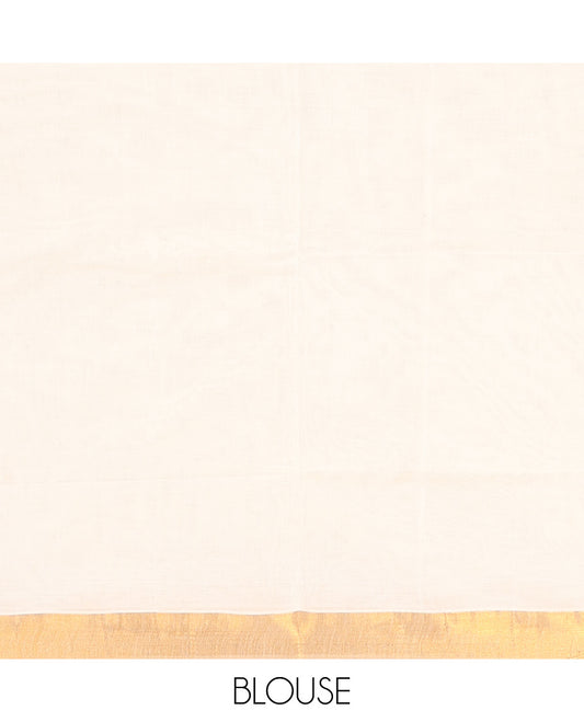 Cream Kerala Saree, Enriched with Zari Buttas on Its Body, Subtly Sparkled Bavanji Border, Pallu Woven in Zari Peacock Designs, and Paired with a Matching Blouse