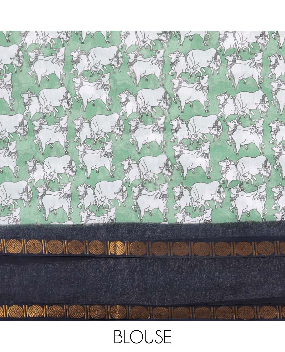 Green pichwai printed sungudi cotton saree with contrast double pad, rudraksh border