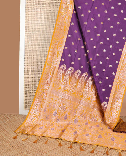 Violet paisley design butter silk saree with contrast paisley zari design border & floral design pallu