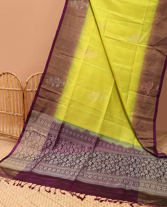 Green floral butta soft silk saree with contrast floral border & floral jacquard pallu