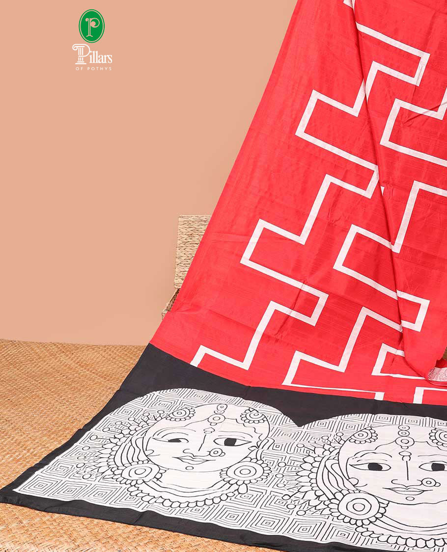Borderless Red geometric printed semi-bhagalpuri cotton saree with kalamkari printed pallu & plain blouse