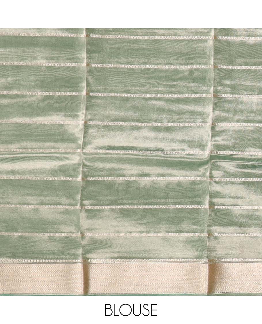 Pastel green striped semi-banaras tissue saree, plain border & striped pallu 