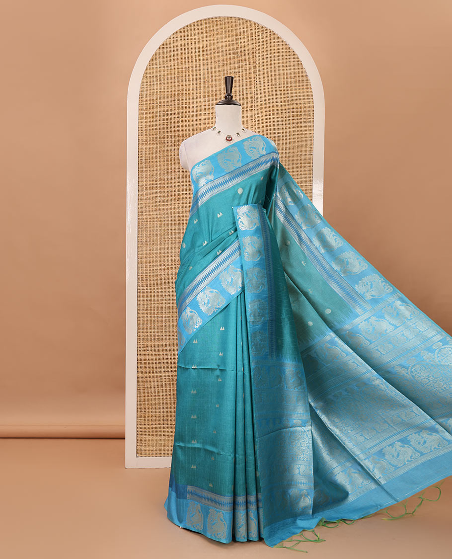 Peacock blue temple & rudraksham motifs fancy tussar saree, contrast traditional zari peacocks border, pallu of peacock & mughal floral design, & contrast zari blouse