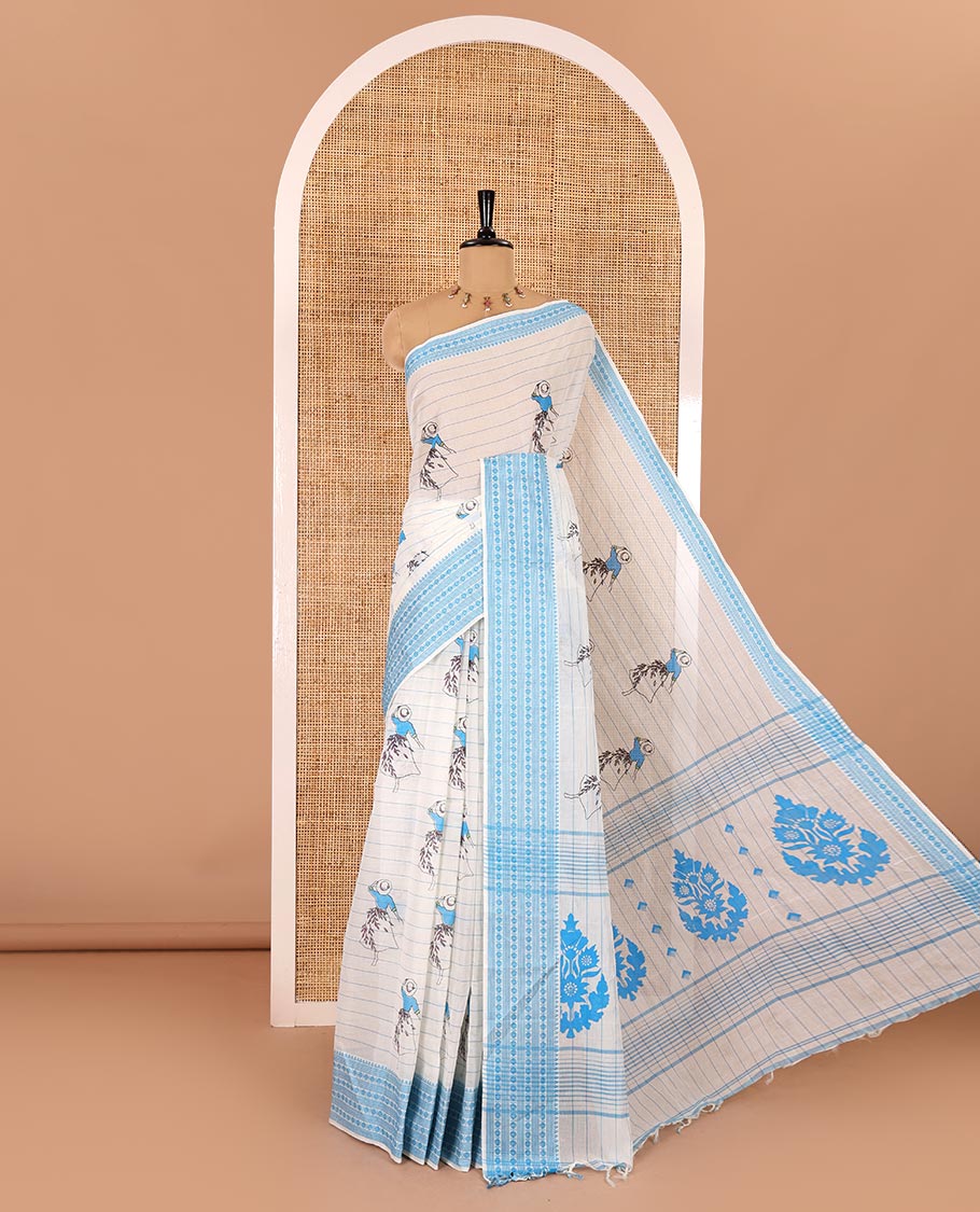 Cream-blue horizontal striped and girl motifs printed Mangalagiri cotton saree, traditional motifs woven border, printed pallu, and a contrast blouse