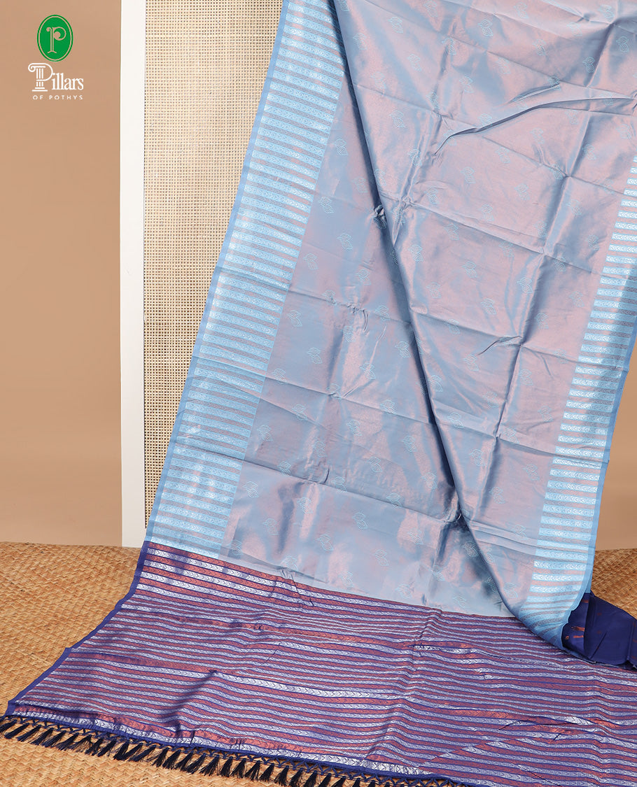 Blue with navy blue double leaf weaving design semi tissue soft silk saree, zari aero mark style weaving border & weraving rich pallu along with small zari butta blouse
