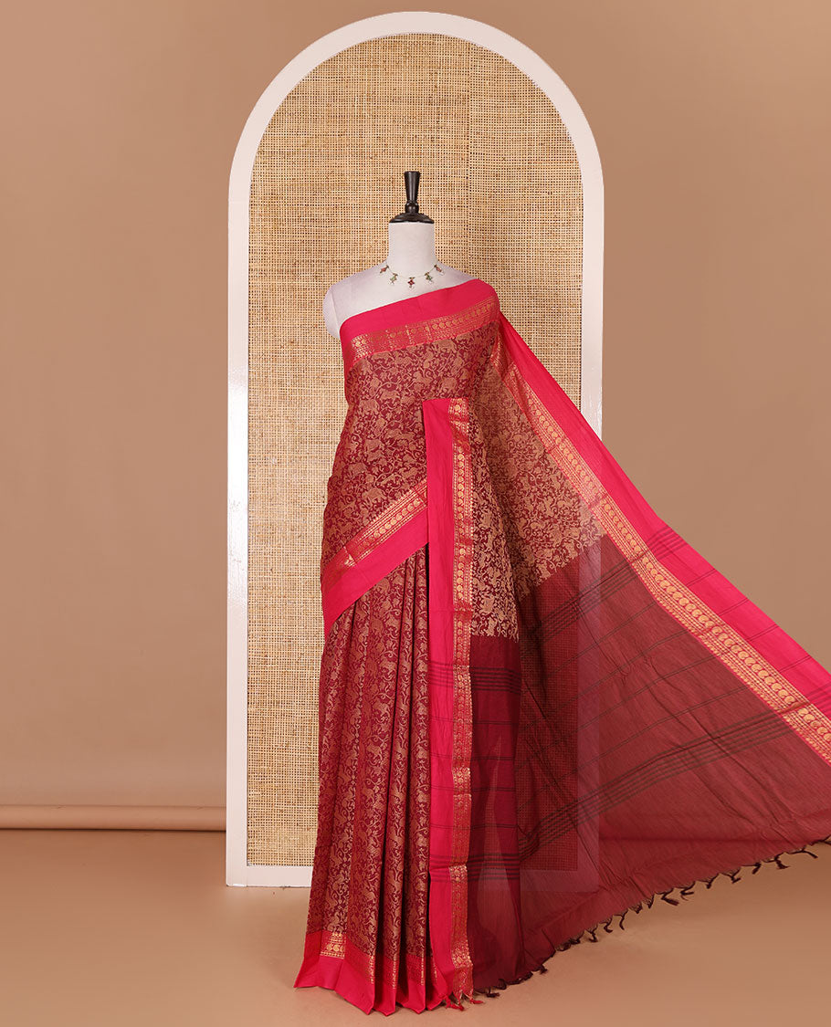 Maroon vanasingaram style flora-fauna motifs, Chettinad cotton saree, contrast traditional zari border, striped pallu, and contrast blouse