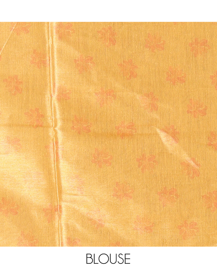 Gold Tissue Saree Features Floral Print and Stone Work, a Contrast Border, and a Contrast Blouse