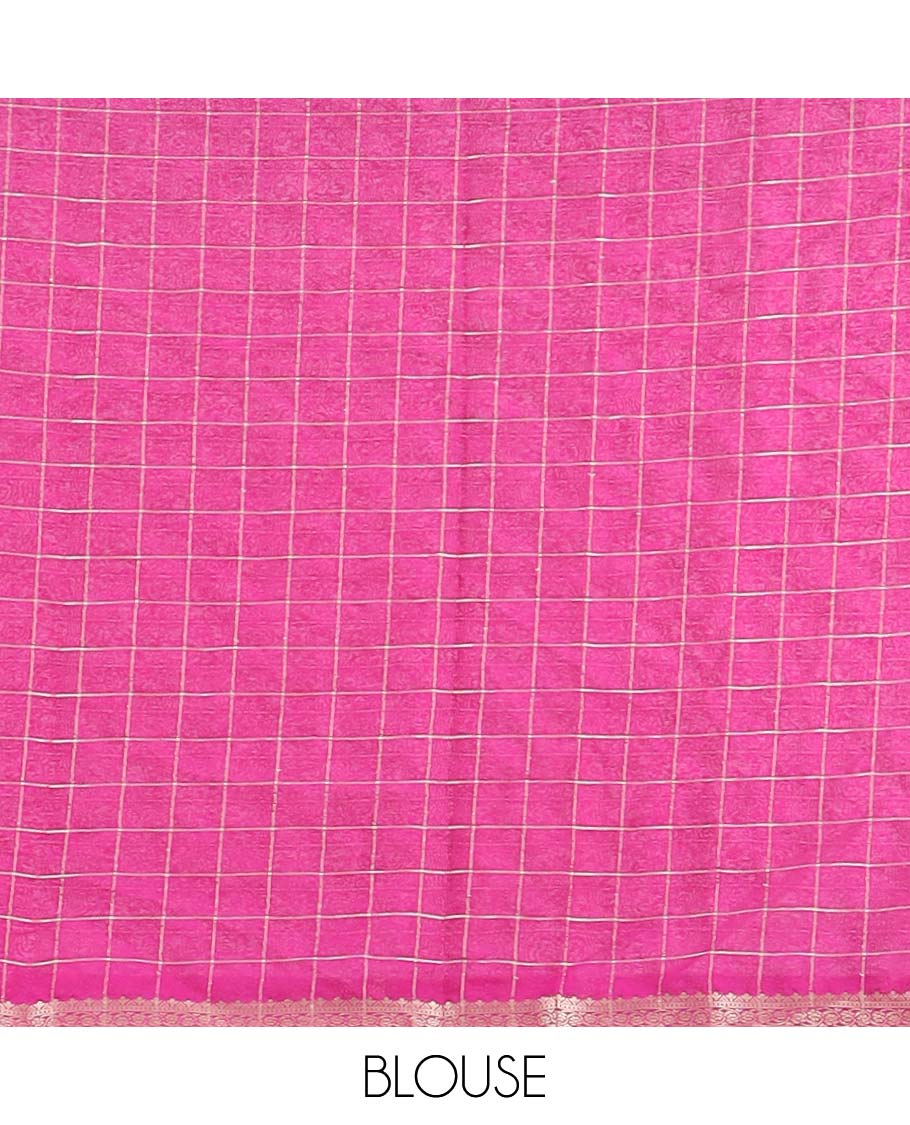 Pink checked art mysore silk saree with self zari border & striped zari pallu