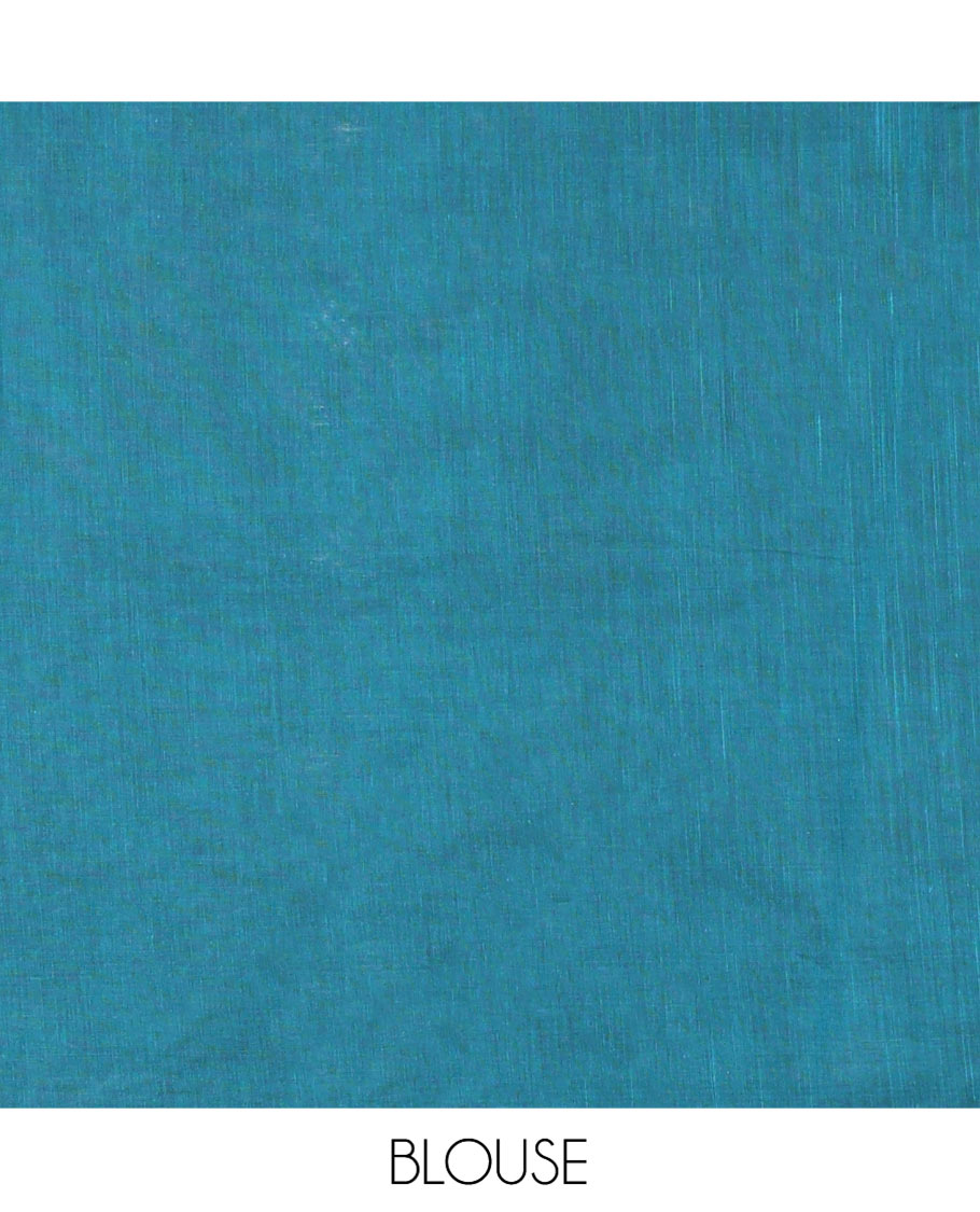 Borderless Rama Blue Coimbatore Cotton Saree, Adorned with Floral Vine Print on Its Body, Self-Pallu Features Paisleys and Geometric Designs, and Paired with a Matching Blouse