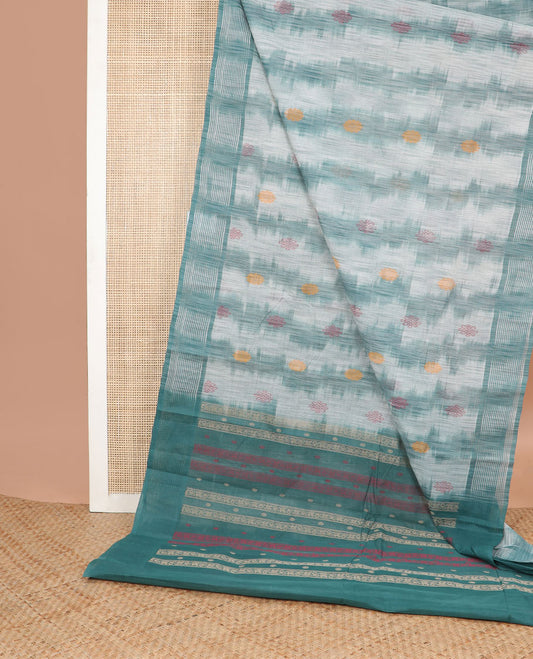 White abstract design kanchi cotton saree with contrast striped border & floral design pallu