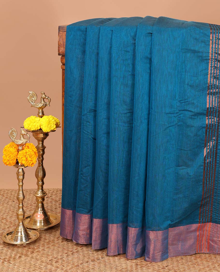 Blue silk cotton saree with zari bawanchi border & chit pallu along with plain blouse