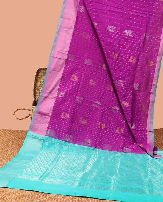 Pink buttas kuppadam cotton saree, plain border & contrast pallu of ogee patterns