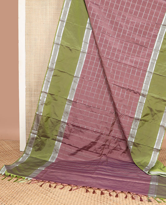Mauve checked gift saree with contrast rettai pettu zari border & striped pallu