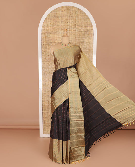 Black Vaira Oosai patterned semi-soft silk saree, contrast double-sided zari woven big border, striped pallu, and a double-colored plain blouse