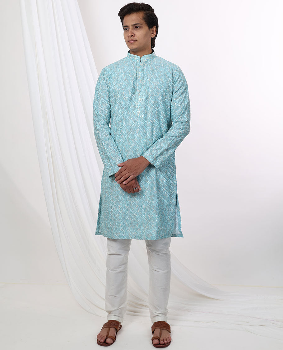 Light blue geometric embroidery with sequins work mandarin collar & full-sleeve long raw silk kurta