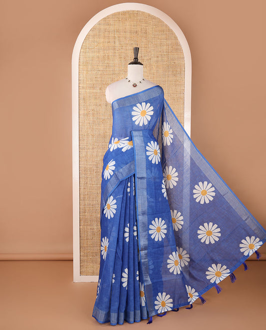 Ink blue sunflower motif printed linen saree, silver zari plain border & small sunflower motif print blouse