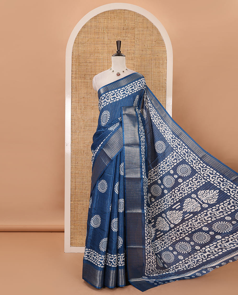 Blue golden zari striped & batik-printed dola silk saree, traditional zari border & batik printed pallu & matching batik printed blouse