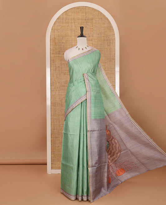 Parrot green full-plain design semi-tussar saree, contrast thread triangle motifs border, bird motifs printed pallu & contrast striped blouse