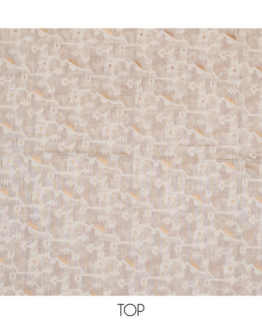 Cream chudidhar material set, ikkat floral design top , brown plain bottom & ikkat floral zari design dupatta