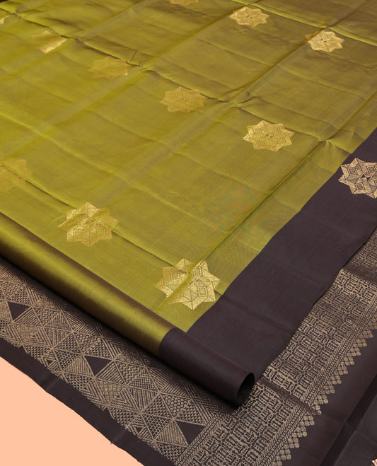 Black Mayuri Lite Silk Mix Saree, Subtly Woven with Zari Buttas, Complemented by Contrast Border, Pallu of Geometric Patterns and a Contrast Blouse