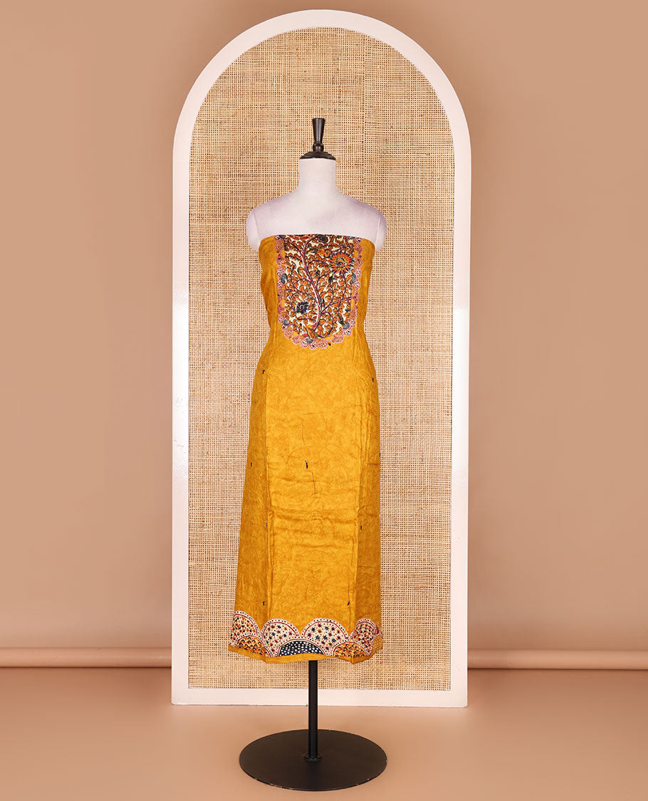 Mustard pure cotton material chudidar set, floral print with French knot and bead work top, plain cotton bottom, and floral-geometric printed dupatta