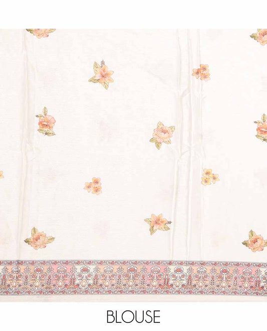 Cream printed, mirror work synon silk saree with printed border, mirror work & printed blouse along with printed blouse