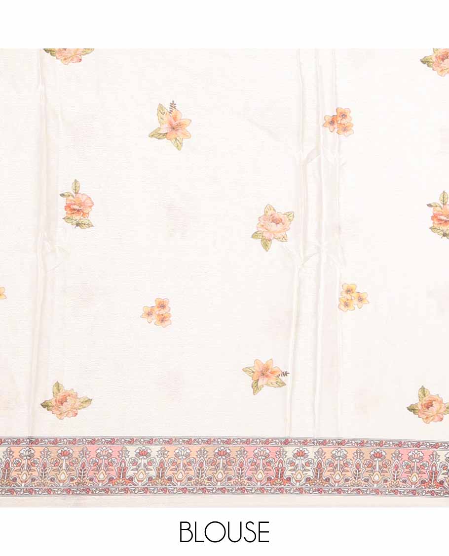 Cream printed, mirror work synon silk saree with printed border, mirror work & printed pallu along with printed blouse