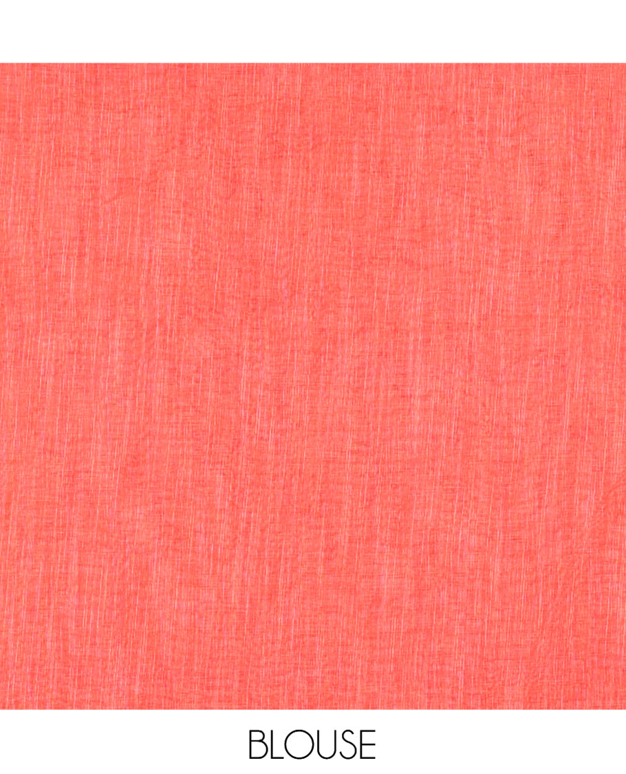 Chikku-Orange Linen Cotton Saree, Ornamented with Butta Enclosed Checks Print, a Contrast Ikat Border, Printed Pallu, and Contrast Blouse