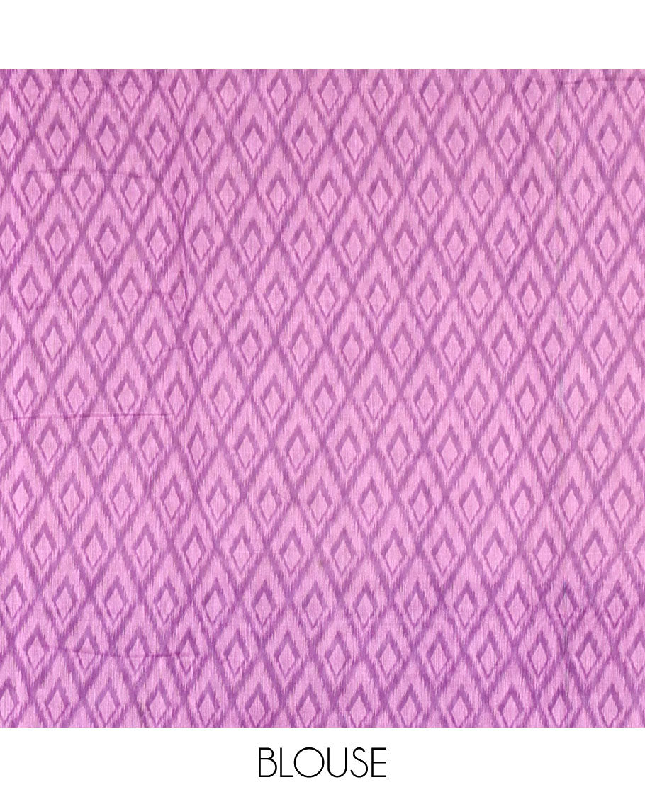 Violet checked linen cotton saree, contrast pochampally style geometric printed border, pochampally printed pallu, and a diamond patterns printed blouse