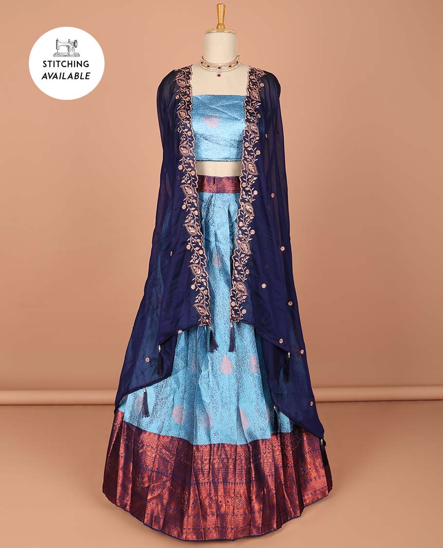 Brown floral stone embroidered half saree contrast stone embroidered border , zari design blouse & intricate stone embroidery dhavani
