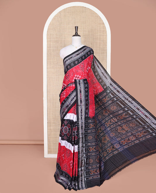 Red Odisha Cotton Saree, Delicately Woven with Intricate Designs All Over the Body, Complemented by Contrast Border of Floral Designs in Hazily, Contrast Pallu of Unique Designs in Hazily, and Paired with a Matching Blouse