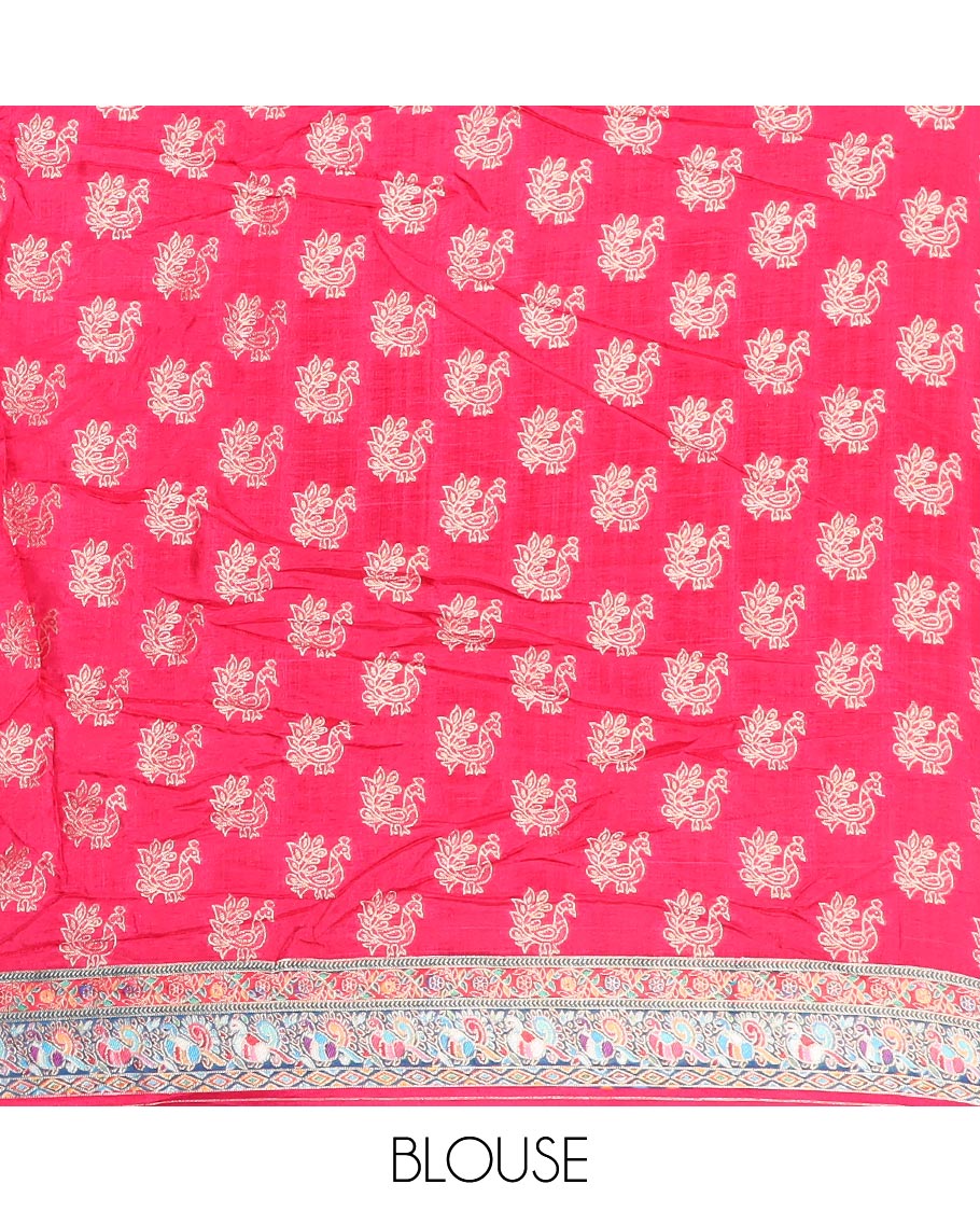 Multi-colored motifs enclosed with argyle design semi-banaras dola silksaree with contrast border & wedding design pallu