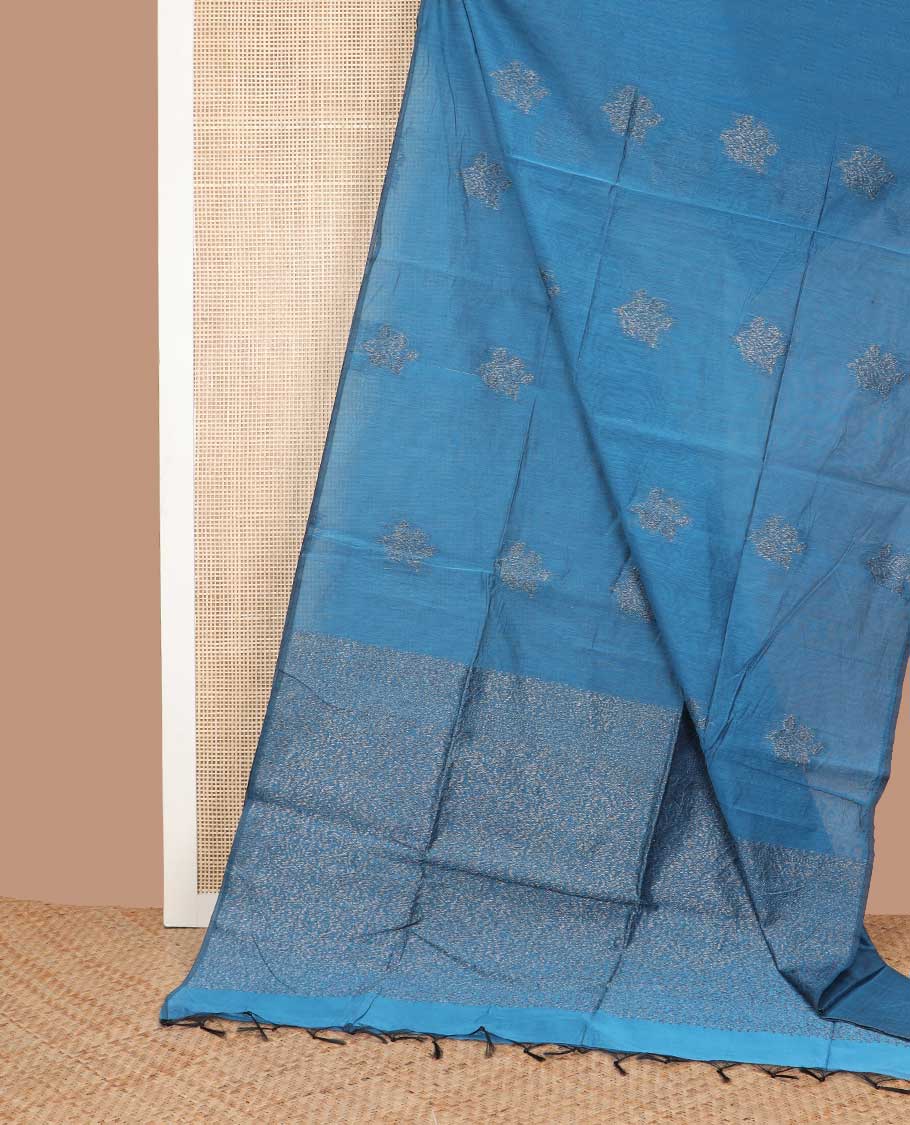 Borderless blue floral design semi silk saree with jaal design pallu