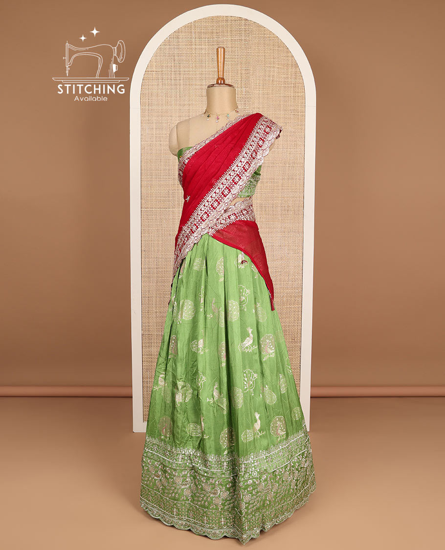 Green floral embroidery half saree with zari design blouse & floral embroidery dhavani