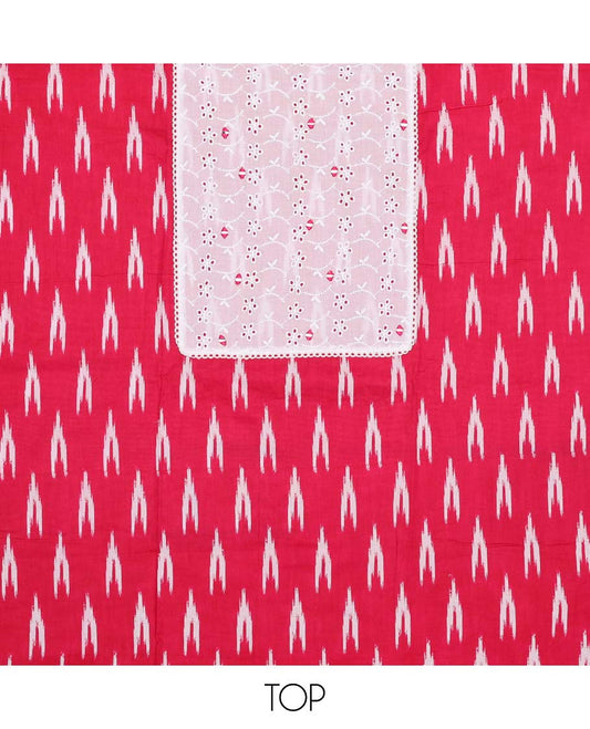 Pink chudidhar material set ikkat style design with geometric thread embroidey top , plain bottom & intricate printed design dupatta