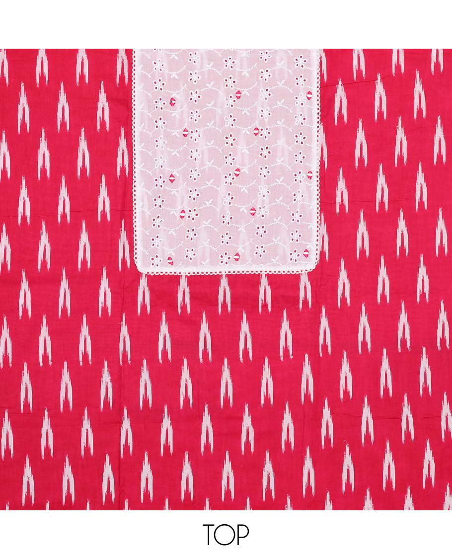 Pink chudidhar material set ikkat style design with geometric thread embroidey top , plain bottom & intricate printed design dupatta