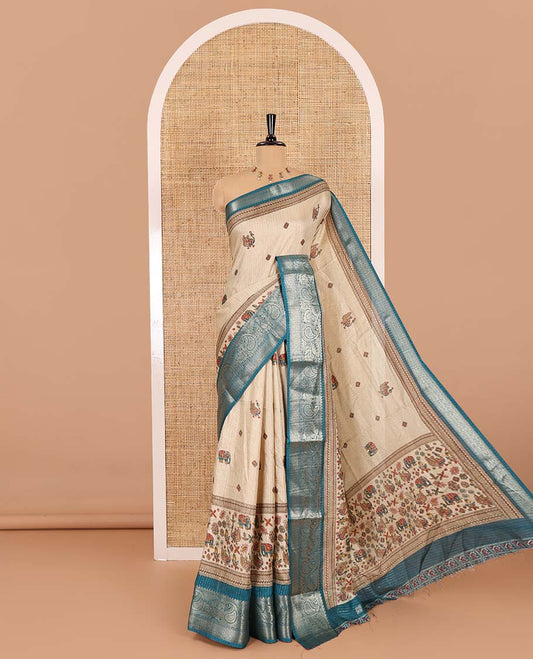 Chikku-rama green vertical striped, and animal motifs printed dola silk saree, contrast manga motifs zari border, animal motifs printed pallu, and a contrast printed blouse