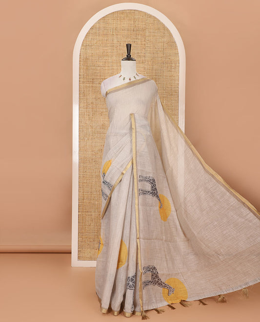 Chikku plain & giraffe motifs printed linen cotton saree, zari piping border, giraffe printed pallu & vertical striped blouse