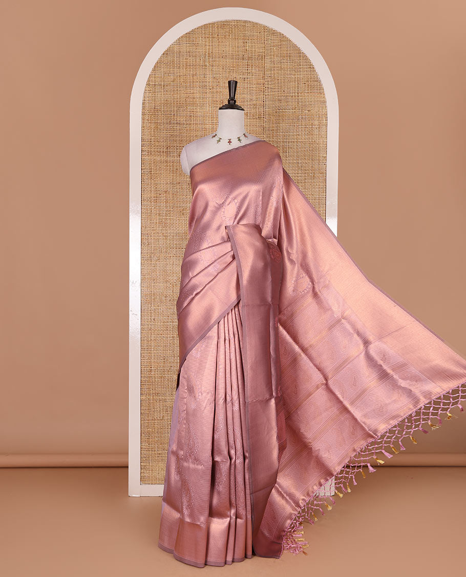 Pink paisley zari jacquard Kanchi tissue saree, zari border, pallu steeped with paisleys, and jacquard matching blouse