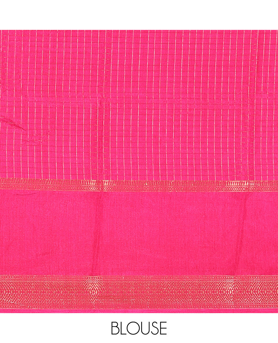 Pink Dola Silk Saree Decked Up with Zari Checks All Over Its Body, Subtly Woven Border of Traditional Zari Motifs, and Pichwai Cow Motifs, Pallu of Geometric Motifs Print, and Paired with a Matching Blouse