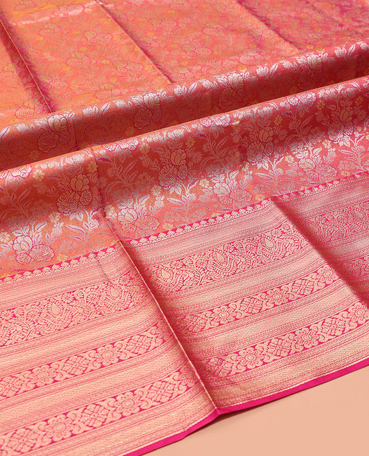 Pink Art Silk Half-Saree, Ornamented with Floral Jacquard Design, Contrast Traditional Zari Border, and Paired with a Matching Blouse