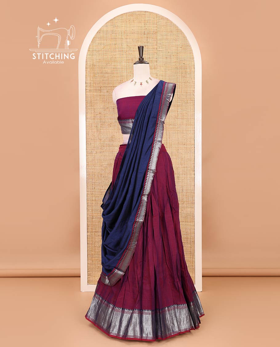 Magenta-Blue Mercerised cotton half-saree, plain & contrast temple geometric border skirt, matching blouse & contrast zari border Vichitra silk dhavani