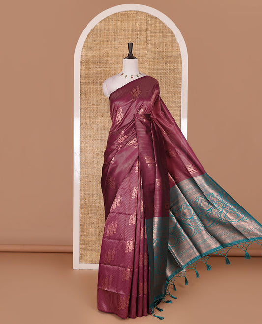 Borderless purple stripes and zari floral buttas elite soft silk saree, contrast ogee patterned zari pallu, and contrast zari design blouse
