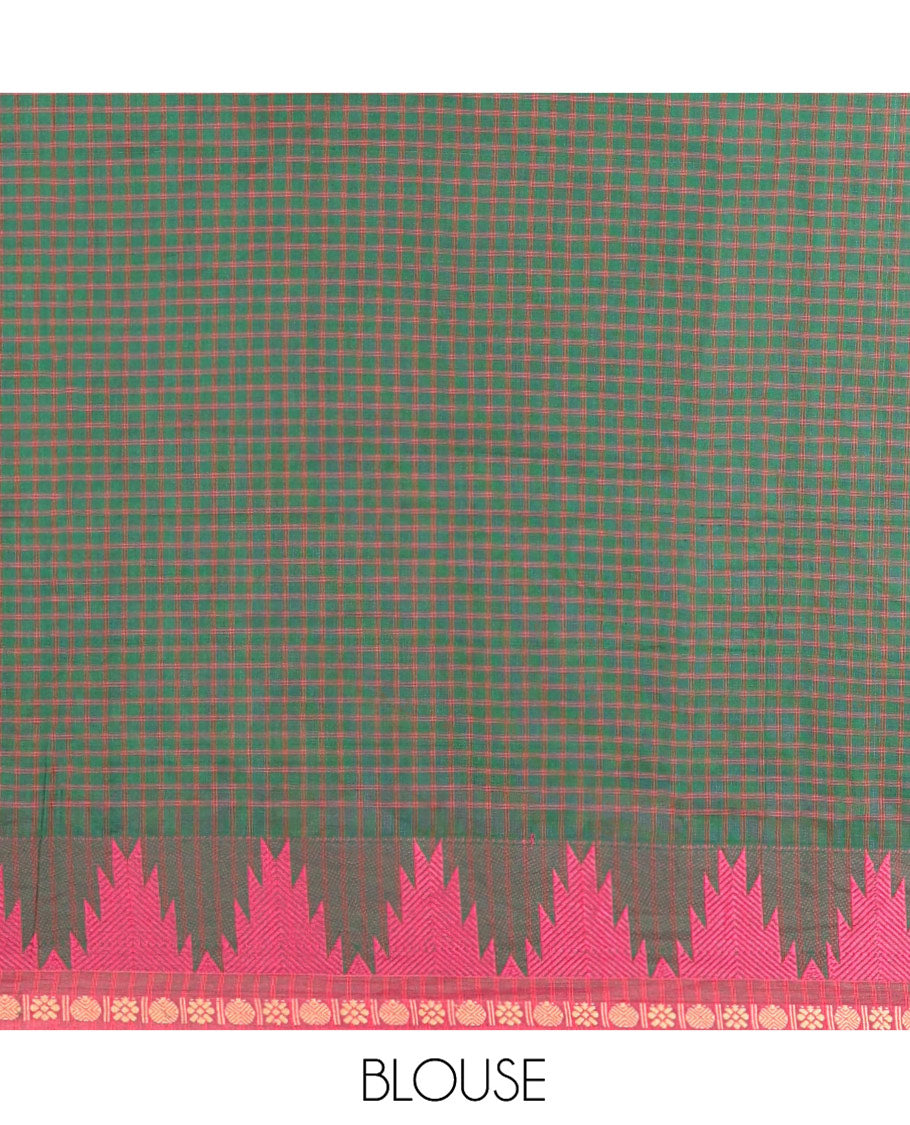 Green Chettinad Cotton Saree, Decked Up with a Checked Design on Its Body, Complemented by a Contrast Temple Border, Subtly Striped Pallu, and Paired with a Matching Blouse