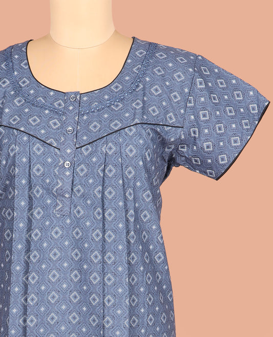 Grey Cotton Nighty Subtly Sparkled with Diamond Patterns Print, Featuring Lace Work, Round Front Neck, and Half Sleeves